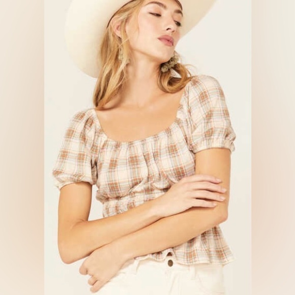 JOLT Women’s Plaid Print Short Puff Sleeve Flutter Top Size Large NWT